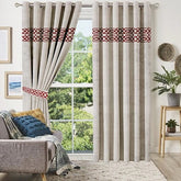 2 Pieces Crocodile  Luxury Velvet Curtain Panels with 2 belts-Beige/Maroon 02